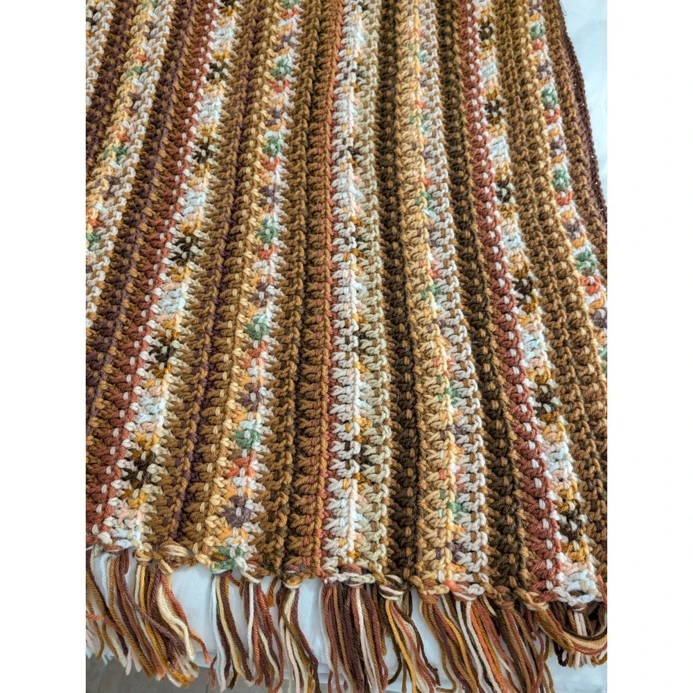 Crochet Afghan Throw Stripe Fall Colors‎ Orange/Green/Brown 66 X 34 Handmade